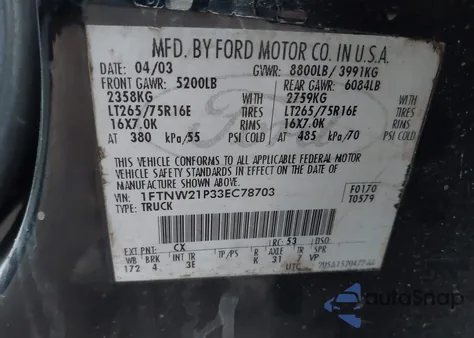 2003 Ford F-250 Lariat/Xl/Xlt from USA, damaged, VIN 1FTNW21P33EC78703